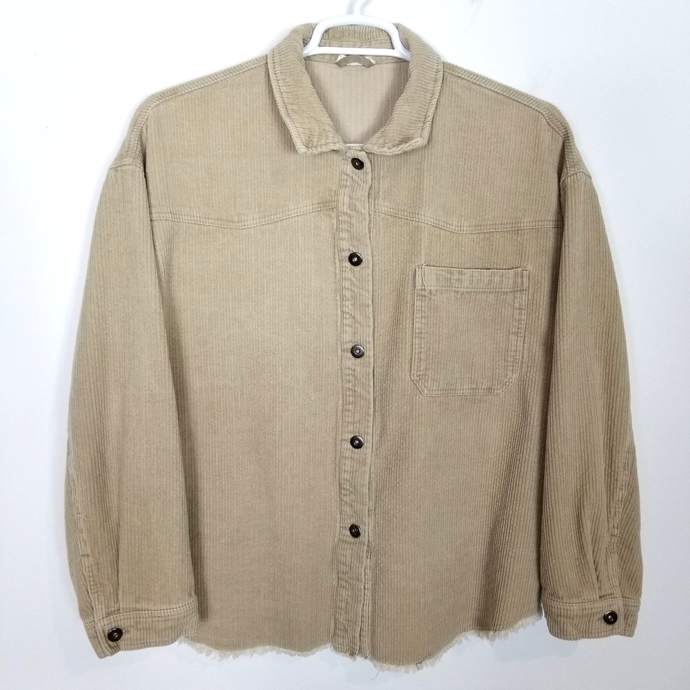GeeGee Women Corduroy Shirt Jacket Sz L Beige Relaxed Button Upā Boho